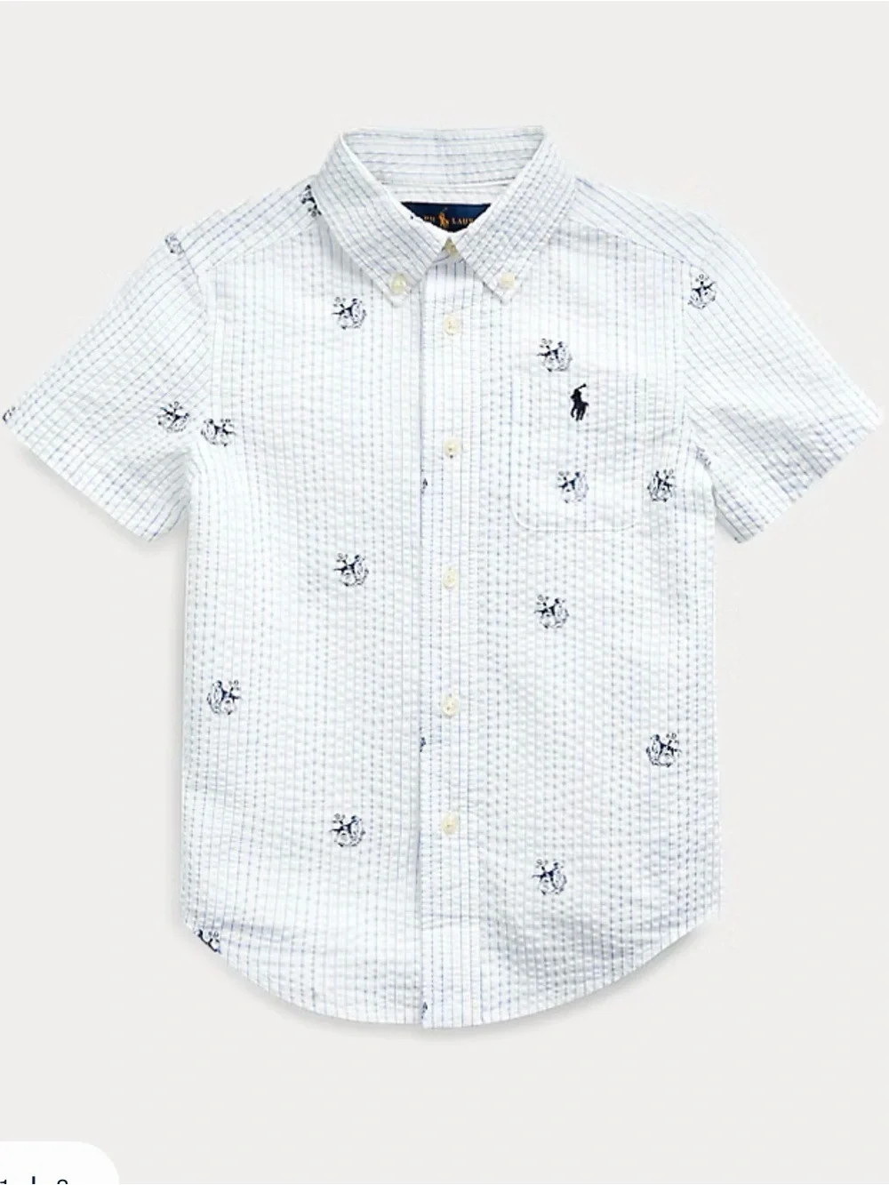 Ralph Lauren White Short-Sleeve Button-Down Shirt with Navy Motifs